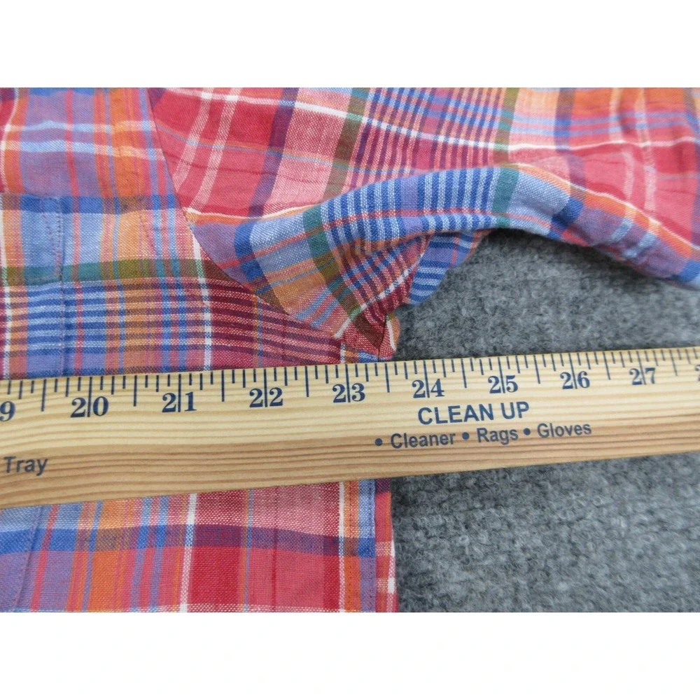 Orvis Shirt Mens Medium Red Plaid Linen Madras Button Up Casual Lightweight